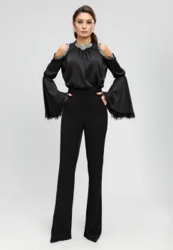 Bluza eleganta neagra cu maneci clopot si cristale imagine