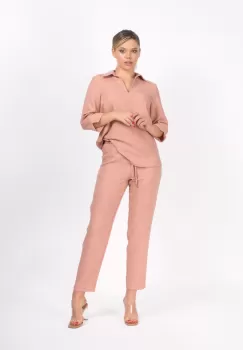 Bluza roz prafuit din vascoza cu lungime asimetrica si decolteu in V imagine