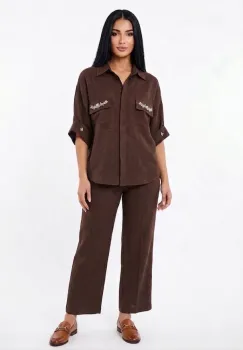 Camasa casual-eleganta din in maro ciocolatiu imagine