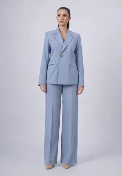 Compleu bleu/gri cu design deosebit la sacou si pantaloni largi cu talie inalta imagine