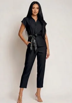 Compleu dama din vascoza format din bluza cu design deosebit si pantaloni vaporosi imagine