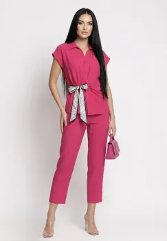 Compleu dama format din doua piese pantaloni vaporosi si camasa cu design deosebit imagine