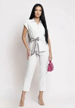 Compleu dama format din doua piese pantaloni vaporosi si camasa cu design deosebit imagine