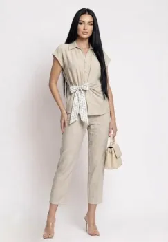 Compleu dama format din doua piese pantaloni vaporosi si camasa cu design deosebit imagine