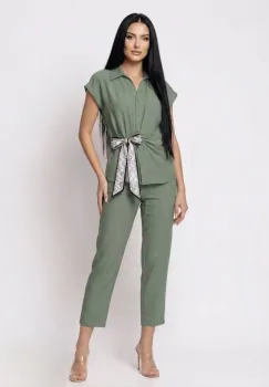 Compleu dama format din doua piese pantaloni vaporosi si camasa cu design deosebit imagine