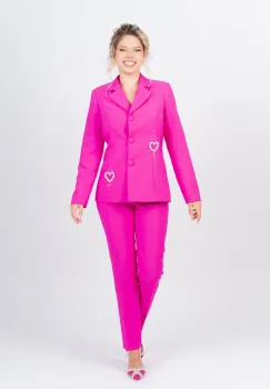 Compleu elegant format din doua piese cu pantaloni conici si sacou cambrat accesorizat cu detaliii pretioase imagine