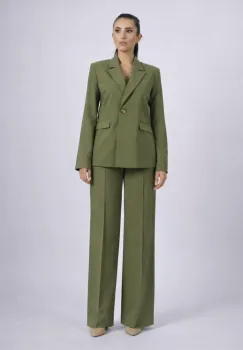 Compleu elegant kaki cu pantaloni largi si sacou drept cu inchidere la doi nasturi imagine