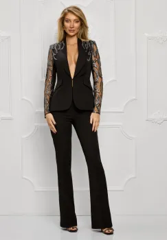 Compleu elegant negru cu broderie pretioasa la sacou si pantaloni evazati imagine