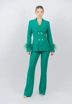 Compleu elegant verde compus din doua piese sacou accesorizat cu detalii pretioase si pantaloni evazati imagine