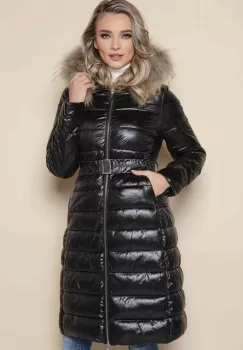 Geaca dama neagra matlasata cu lungimea medie si blana naturala la gluga imagine