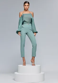 Pantaloni conici cu talie inalta de culoare verde olive imagine