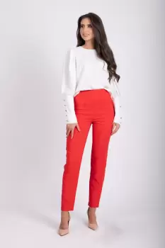 Pantaloni eleganti pana cu talie inalta de culoare corai imagine