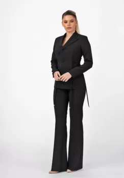 Pantaloni evazati negri cu talie inalta si inchidere in partea din fata imagine