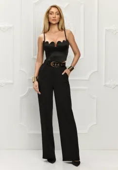 Pantaloni negri evazati cu elastic in talie si centura detasabila imagine