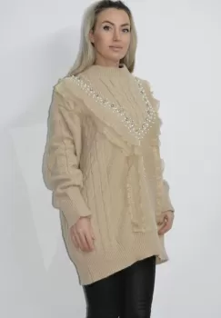 Pulover dama bej prevazut cu accesorii si volane din dantela imagine