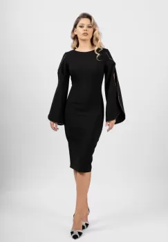 Rochie eleganta conica neagra cu maneci despicate imagine