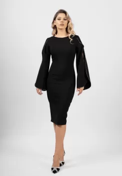 Rochie eleganta conica neagra cu maneci despicate imagine