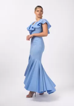 Rochie eleganta cu volane bleu mulata pe corp imagine