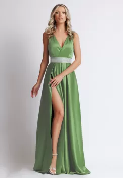 Rochie eleganta din tafta fistic cu slit pe picior si decolteu in V imagine