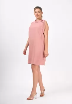 Rochie eleganta dreapta jelera de culoare roz prafuit cu volan in lateral imagine