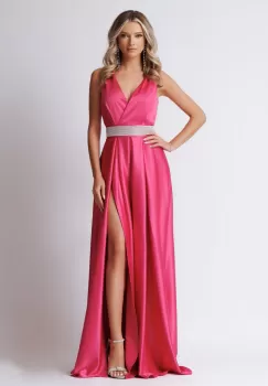 Rochie eleganta lunga din tafta cu slit pe picior si centura cu detalii imagine