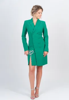 Rochie eleganta verde tip sacou cu detalii pretioase si slit pe picior imagine
