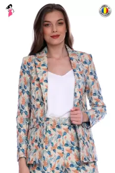 Sacou casual elegant bej cu imprimeu frunze si flori imagine