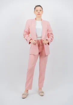 Sacou dama roz prafuit casual cu manea incretita si revere tip sal imagine
