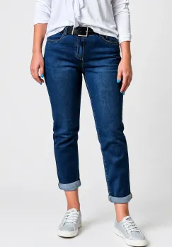 Blugi dama slim fit cu talie medie si aspect prespalat - albastru imagine