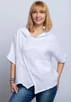 Bluza alba asimetrica din in, cu gluga imagine