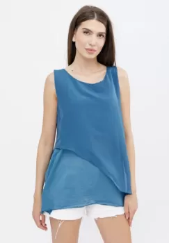 Bluza asimetrica in colturi din matase naturala si bumbac fara maneci, turcoaz inchis imagine