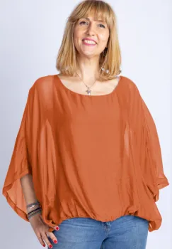 Bluza caramizie din matase naturala cu maneca fluture imagine