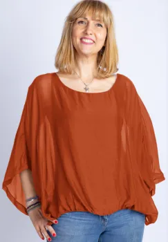 Bluza caramiziu intens din matase naturala cu maneca fluture imagine