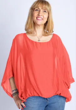 Bluza corai din matase naturala cu maneca fluture imagine