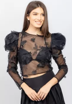 Bluza cropp din dantela neagra cu umeri bufanti imagine