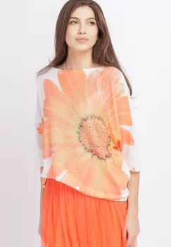 Bluza cu maneca fluture si imprimeu floare mare portocalie imagine