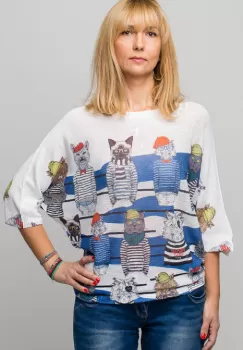 Bluza cu maneca fluture si imprimeu pisici cu tricouri dungate imagine