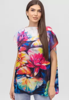 Bluza de vara tip poncho din matase imprimata cu reproducere dupa picturi celebre cu nuferi mari imagine