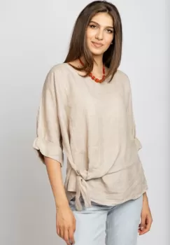 Bluza din in bej masura mare cu nod pe talie imagine