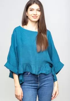 Bluza din in cu volanas, oversize, turcoaz imagine