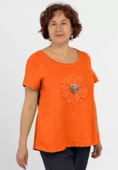 Bluza din in portocalie, cu floare si paiete fine pe piept imagine