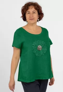 Bluza din in verde, cu floare si paiete fine pe piept imagine
