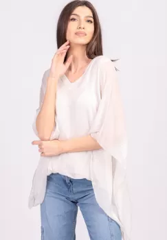 Bluza din matase naturala alba-ivoire, cu decolteu in V in fata si pe spate imagine