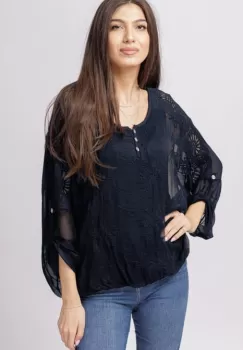 Bluza din matase naturala bleumarin brodata si dantela pe spate imagine