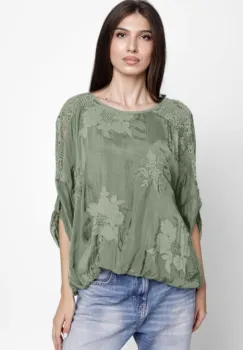Bluza din matase naturala brodata, cu dantela pe spate, kaki imagine