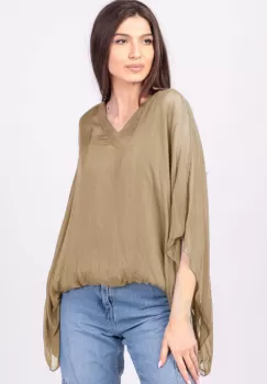 Bluza din matase naturala camel, cu decolteu in V in fata si pe spate imagine