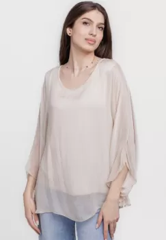 Bluza din matase naturala cu maneca clopot, bej imagine
