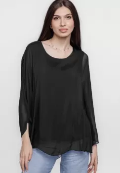 Bluza din matase naturala cu maneca clopot, neagra imagine