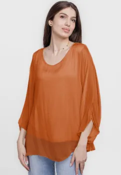 Bluza din matase naturala cu maneca evazata si dublura, caramiziu imagine