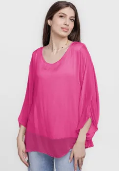 Bluza din matase naturala cu maneca evazata si dublura, fucsia imagine